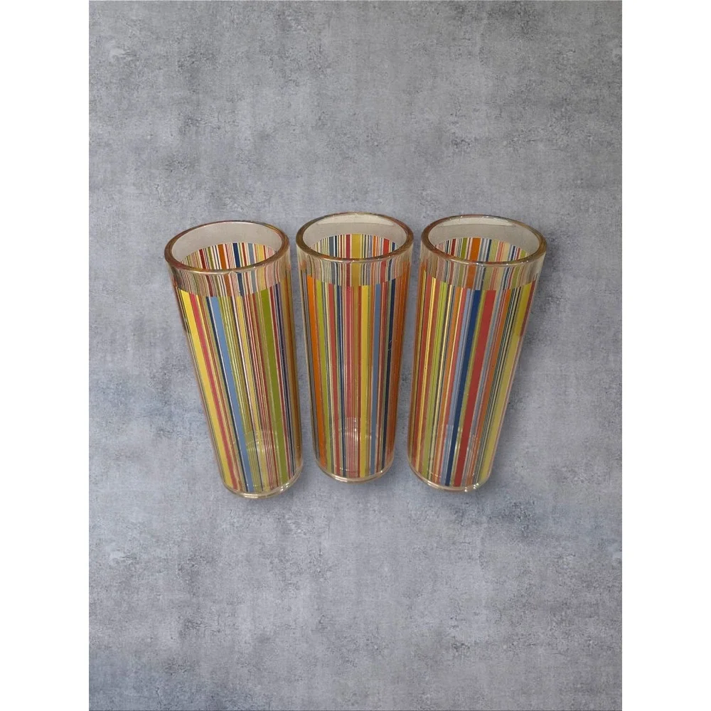 HTF Pottery Barn Al Fresco Tumblers Set of 3 Multicolor Striped Acrylic 7.25in